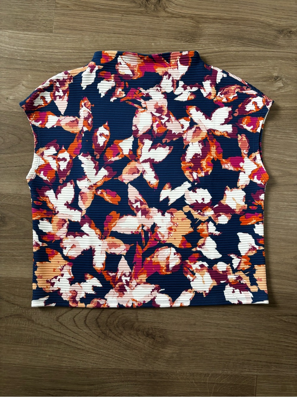 Floral Print Mock Neck Women’s Top - Navy, White & Orange PM